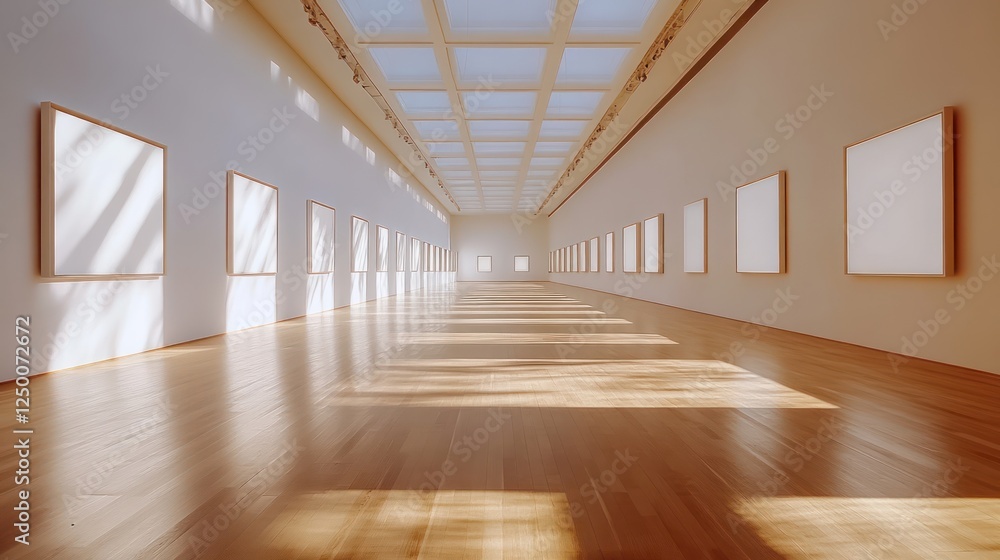 Poster sunlit gallery with empty frames on walls.