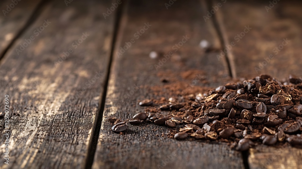 Poster texture of ground coffee beans on rustic wooden surface background : generative ai