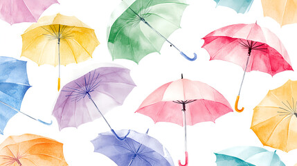 Naklejka premium A seamless pattern of colorful umbrellas, watercolor painting on a white background. 