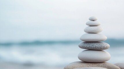 Zen Stone Pyramid Balanced on Shoreline with Soft Waves and Minimalist Vibe : Generative AI