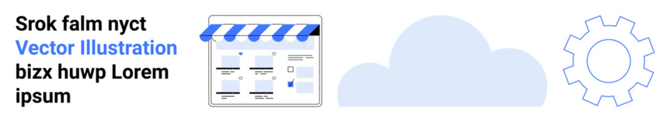 Online store interface with a striped awning, blue cloud silhouette, and gear icon. Ideal for website layout, IT services, e-commerce solutions, cloud computing, business processes, online marketing