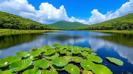 Serene Landscape with Water Lilies and Cloudy Sky Reflections