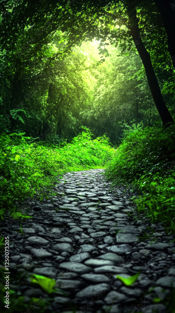 Aufkleber sunlight filters through the trees, creating a tranquil atmosphere in this enchanting forest scene.