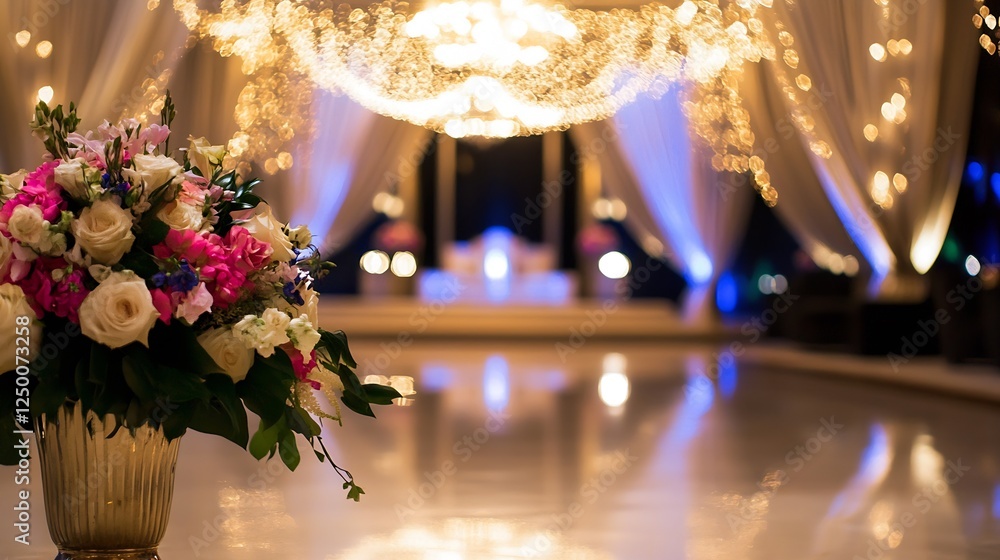 Poster elegant floral arrangement with colorful roses in a lavish venue setting with decorative lights : ge