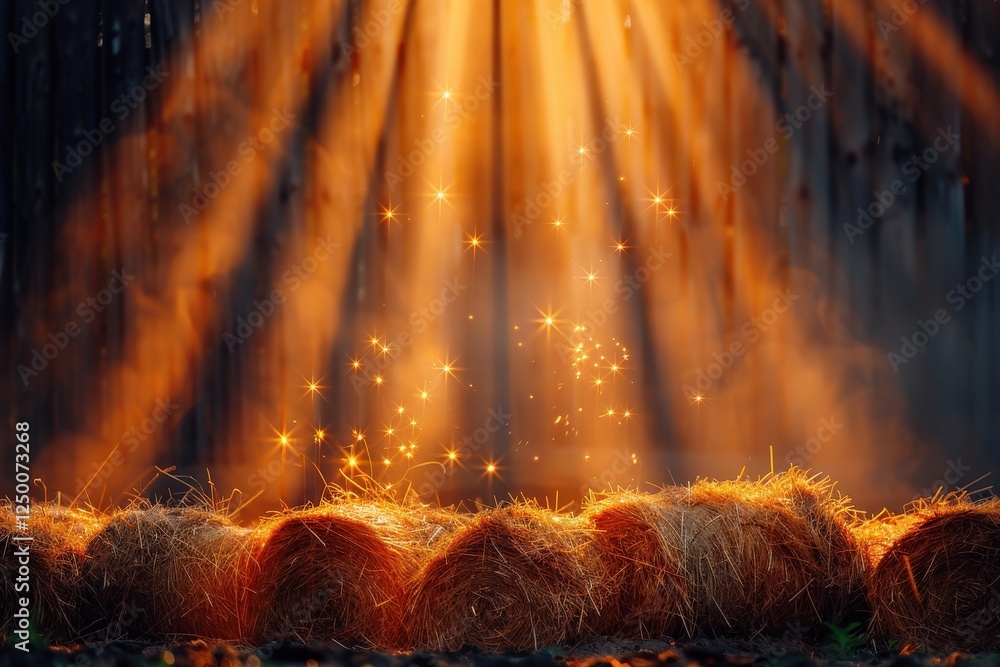Poster a serene scene of golden hay bales illuminated by warm sunlight, creating a tranquil atmosphere fill