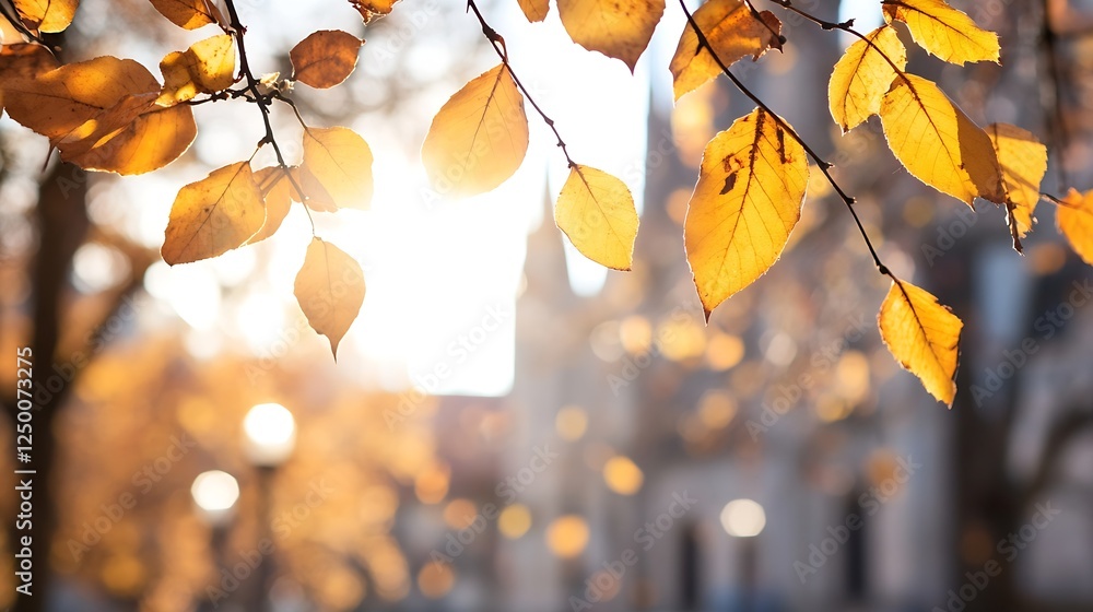 Poster golden autumn leaves glowing in the sunlight with beautiful bokeh in a vibrant outdoor setting : gen