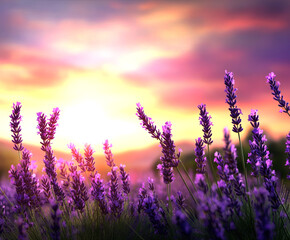 Obraz premium A breathtaking view of blooming lavender under a vibrant sunset, showcasing nature's beauty with warm hues of purple, pink, and soft orange, inviting peace and tranquility.