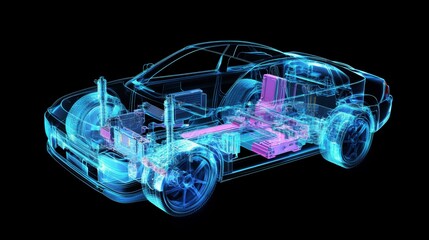 Naklejka premium Futuristic glowing blue neon car on a black background