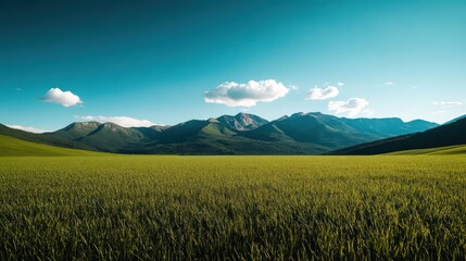 Fototapeta premium Mountain range view, green field, sunny day, landscape background, nature photography