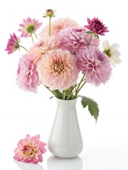 Fototapeta premium Beautiful Pink Dahlia Bouquet in White Vase Floral Arrangement Still Life
