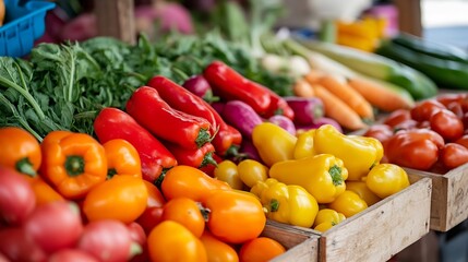 Fresh Colorful Vegetables Displayed at a Local Farmers Market Ready for Sale : Generative AI