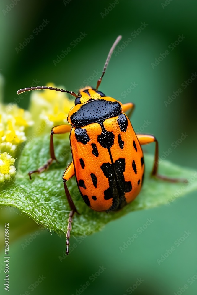 Poster close-up of colorful spotted beetle on green leaf in natural environment : generative ai