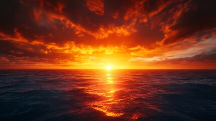Obraz premium Fiery sunset paints ocean waves with vibrant orange hues. AI Generated