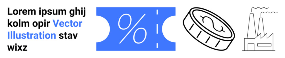 Ticket with percentage for savings, coin symbolizing money, and factory icon for production. Ideal for finance, industry, business, savings, offers commerce and marketing. Abstract line flat