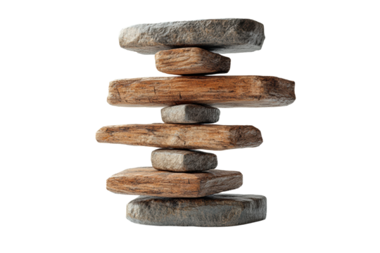 A balanced arrangement of stones and wood blocks symbolizes stability and harmony, perfect for conveying tranquility in design or meditation themes.