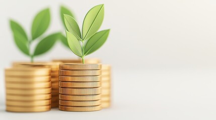 goals successful investor market concept. Green leaves sprouting from stacks of coins, symbolizing growth and investment.