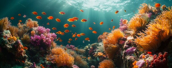 Vibrant Coral Reef with Colorful Fish and Sunlight Rays