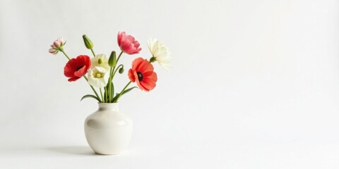 Obraz premium A vibrant bouquet of red and white blossoms arranged in a simple ceramic vase against a minimalist white backdrop