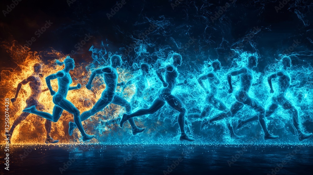 Poster dynamic running figures in flame and ice streams