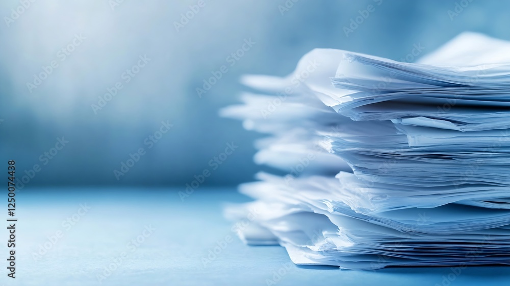 Poster stack of neatly organized white paper sheets on a calm blue desk perfect for business or office use 