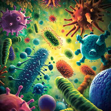 A vibrant and detailed illustration of microorganisms, showcasing the diverse range of bacteria and archaea in an aerial view. The background is filled with colorful hues representing different 