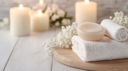 Spa Setup with Soft Towels and Candles Creating a Serene Relaxation Atmosphere : Generative AI