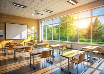 An empty classroom awaits eager students, whiteboard clean, ready for a new school year's learning.