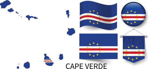 The different designs of Cape Verde's national flags and the map showing Cape Verde's borders