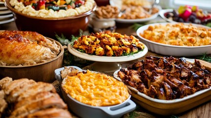 Obraz premium Festive Array of Delicious Home Cooked Dishes Including Roasted Chicken and Sides : Generative AI