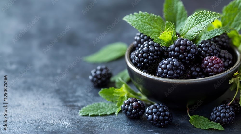 Aufkleber fresh organic blackberries with mint leaves in a dark bowl on rustic table : generative ai