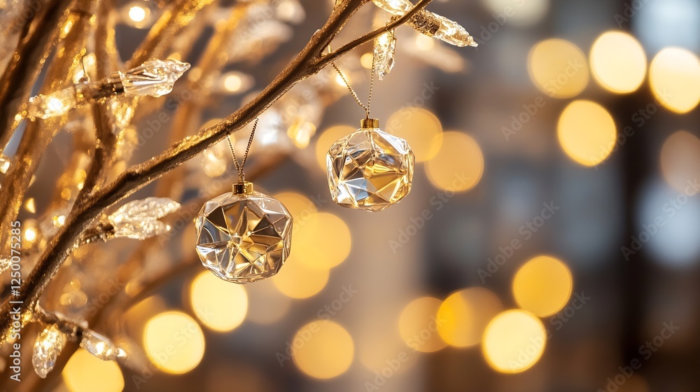 Poster Sparkling Crystal Ornaments on Christmas Tree Branch with Bokeh Lights Background : Generative AI
