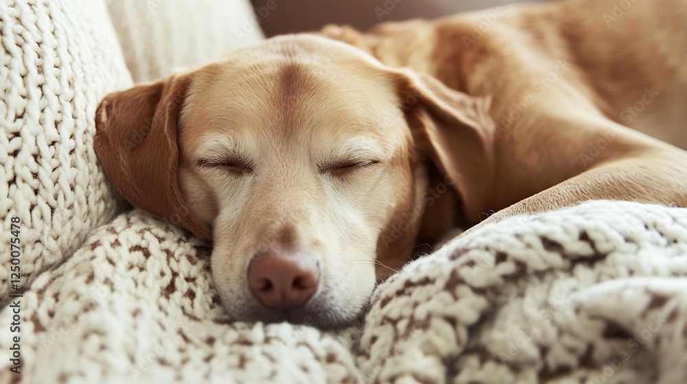 Poster sleeping dog relaxing on a cozy knitted blanket with soft natural light : generative ai