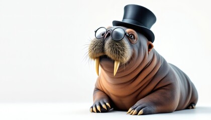 Charming Walrus in Top Hat and Monocle Exudes Elegance and Humor