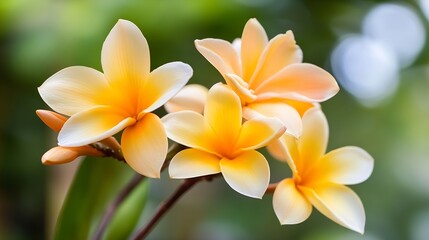 Fototapeta premium Stunning orange and yellow plumeria flowers with blurred green background for nature enthusiasts : Generative AI