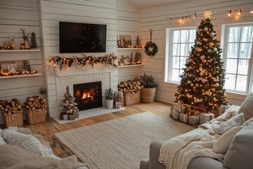 Christmas-decorated living room with white shiplap walls, electric fireplace, gray sofas, festive tree, holiday decorations, and cozy winter atmosphere.