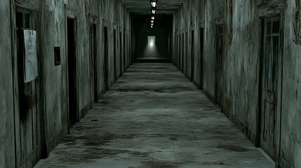 Fototapeta premium Abandoned hospital corridor, dim light, decaying walls, mystery