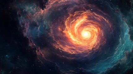 Fiery cosmic swirl glows brilliantly in dark space a vibrant nebula dramatically unfolds. AI Generated