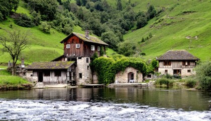Obraz premium Charming Watermill Nestled by a Serene River in Lush Countryside