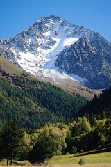 Majestic Snow-Capped Mountain Peak Surrounded by Lush Green Trees : Generative AI