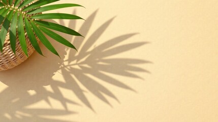 Serene Summer Still Life Woven Basket and Palm Leaf Shadow on Pale Background
