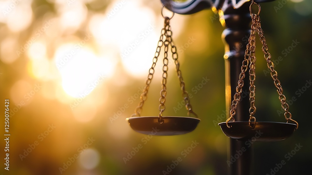 Poster shimmering sunlight casting a warm glow on a bronze balance scale in a serene environment : generati