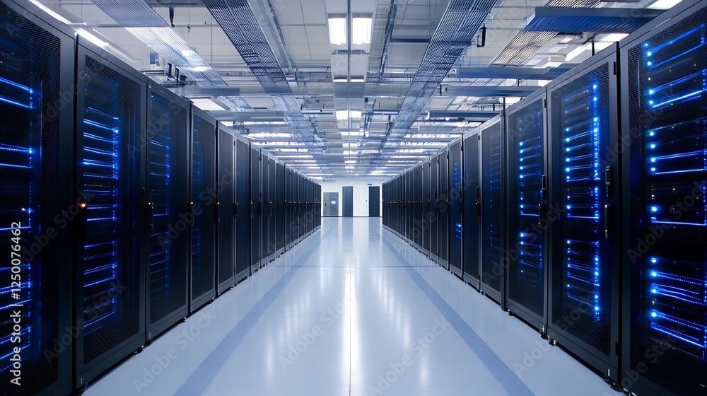 Poster Futuristic Data Center Interior with Rows of Servers and LED Lights for Technology and IT Concepts : Generative AI