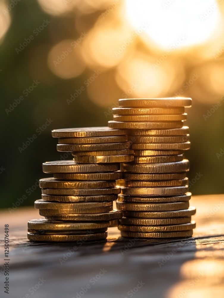 Leinwandbilder Close Up of Stacked Gold Coins with Shimmering Background for Finance and Wealth Concepts : Generative AI