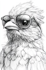 Cool bird sunglasses sketch, white background, print design.