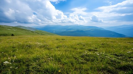 Fototapeta premium Breathtaking panoramic view of green hills under dramatic blue sky with clouds : Generative AI