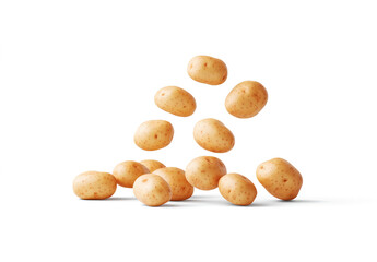 Obraz premium Falling potatoes isolated on a white background, photo-realistic rendering with studio lighting, high-resolution photography, stock photograph, professional color grading, clean, sharp focus, 