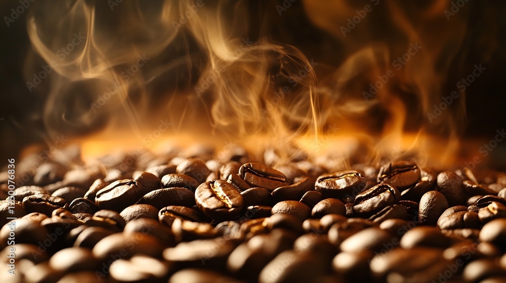 Poster close up of aromatic roasted coffee beans with smoke in soft focus : generative ai