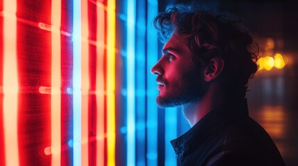Man's profile illuminated by vibrant neon lights at night.