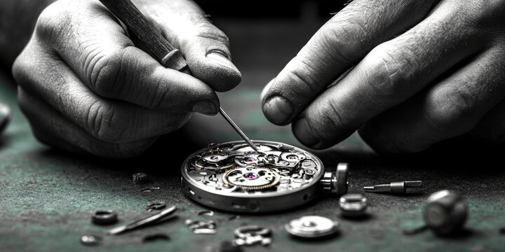 This captivating image showcases the intricate craftsmanship involved in watchmaking, with skilled hands delicately assembling the inner mechanisms of a timepiece, surrounded by tiny watch components.