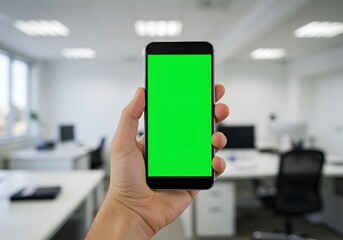 Holding Smartphone with Green Screen in Modern Bright Office Setting
